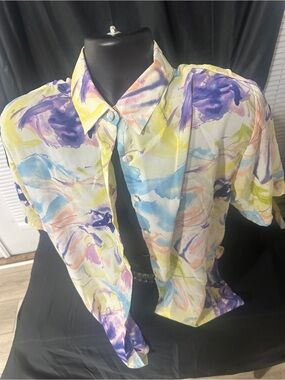 Watercolor Short-Sleeve Button-Up Shirt - Multicolor-Melissa Robyn size L-#620